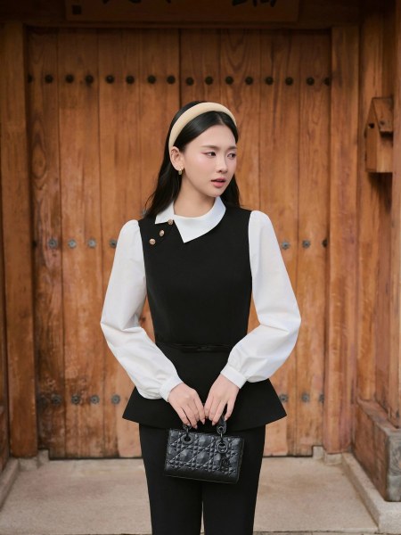 Áo gile đen phối cổ sen