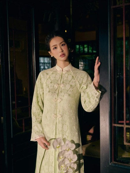 Set áo dài ren xanh ngọc
