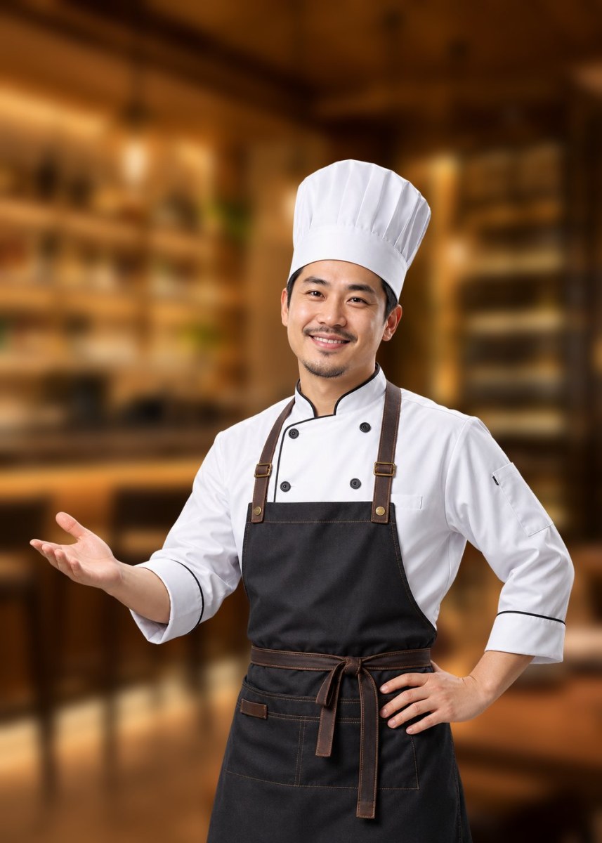 Bếp trưởng Lê Hoàng Nam trong tạp dề chào khách