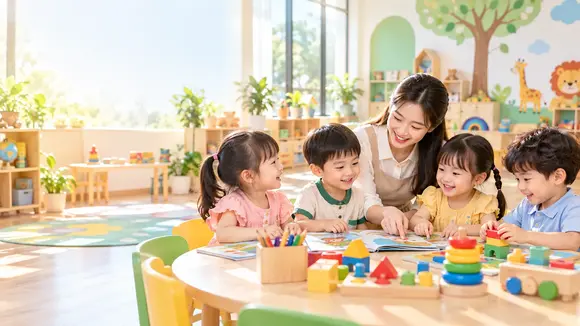 Cô giáo cùng các bé học chữ trong lớp học đầy màu sắc
