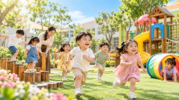 Hai bé cười vui trong bể bóng của lớp học