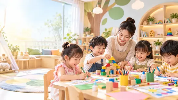 Các bé cùng cô giáo chơi trò dù cầu vồng ngoài trời