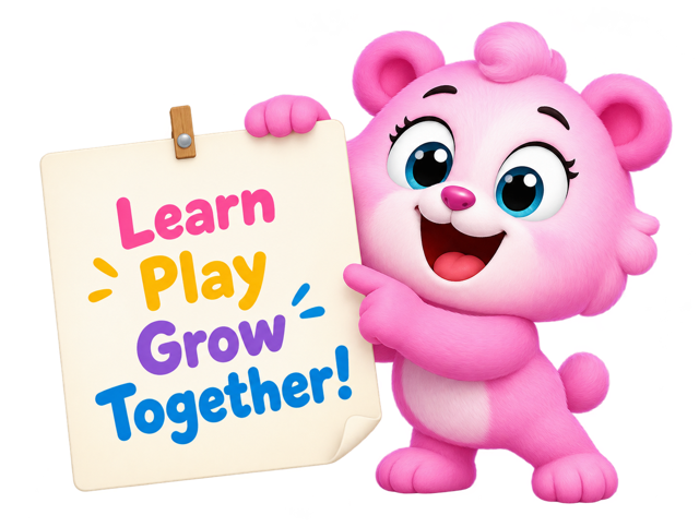 Gấu hồng cầm bảng Learn, Play, Grow Together