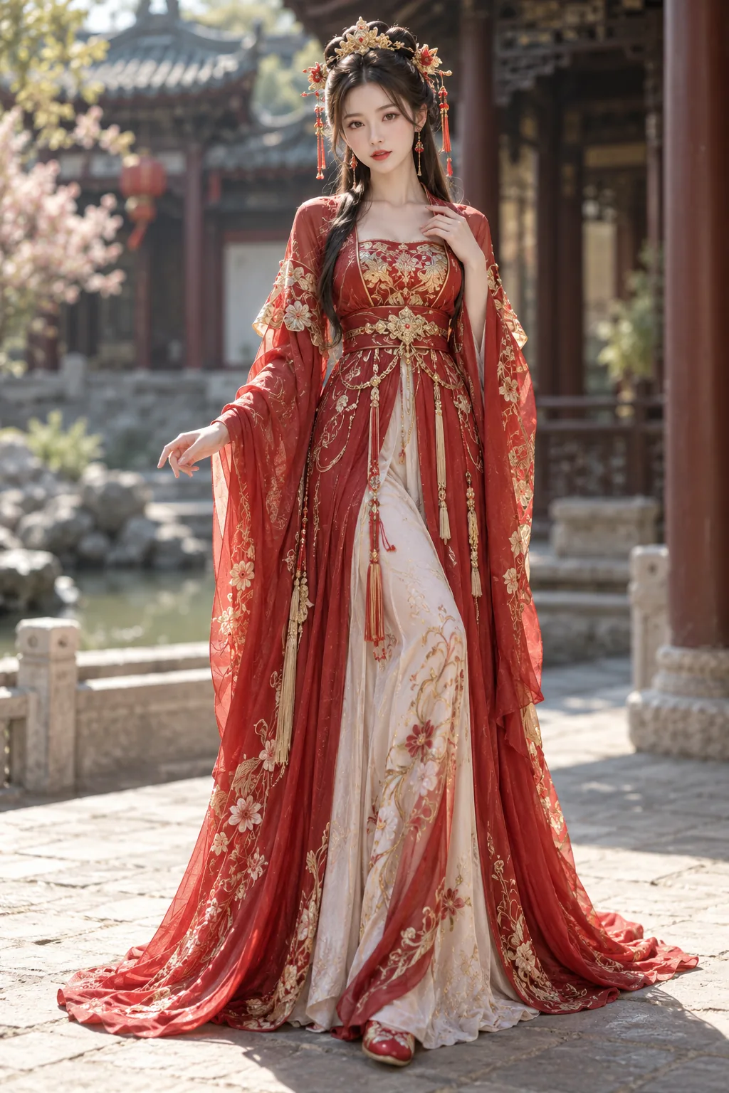 Hán phục đại tay áo đỏ thêu vàng