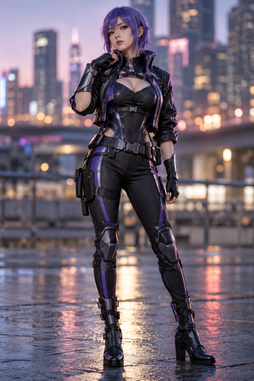 Nữ chiến binh cyberpunk tóc tím – game