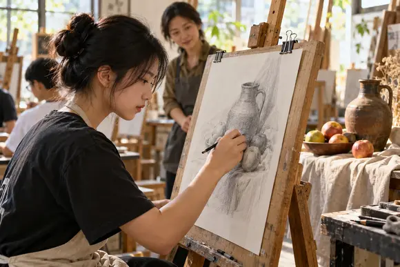 Hai học viên cùng vẽ trong xưởng