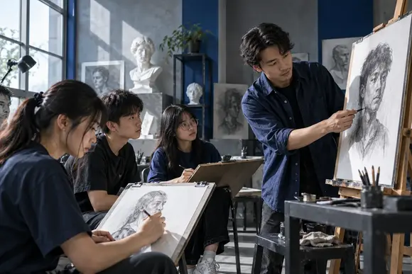 Học viên luyện kỹ thuật vẽ bên giá vẽ